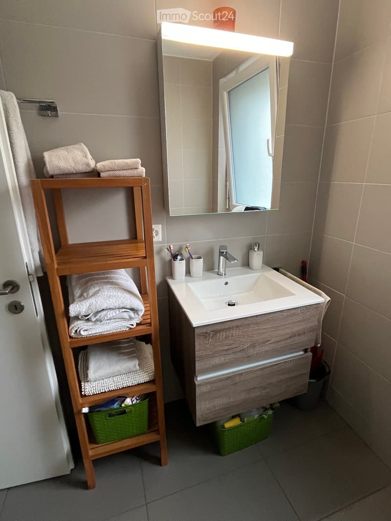 Modern bathroom with a white sink, wooden vanity, large mirror with built-in lighting, and a wooden towel rack holding neatly folded towels.