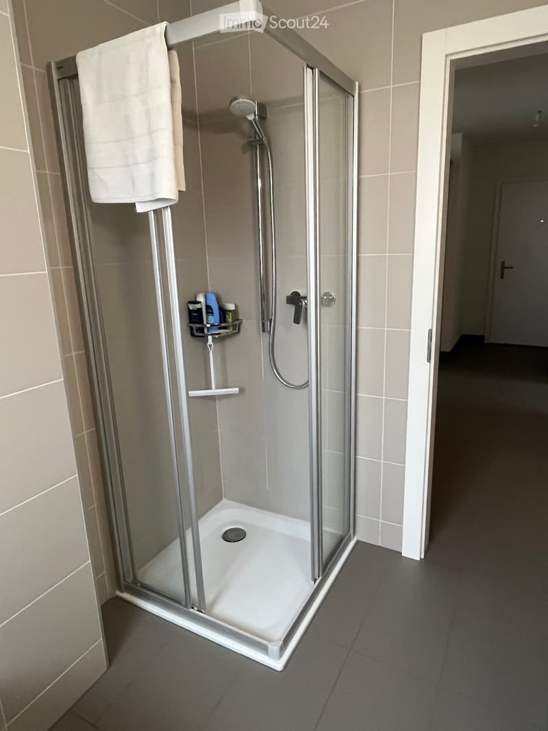 Modern shower stall with glass enclosure, built-in shelf holding toiletries, and a towel hanging on the side.