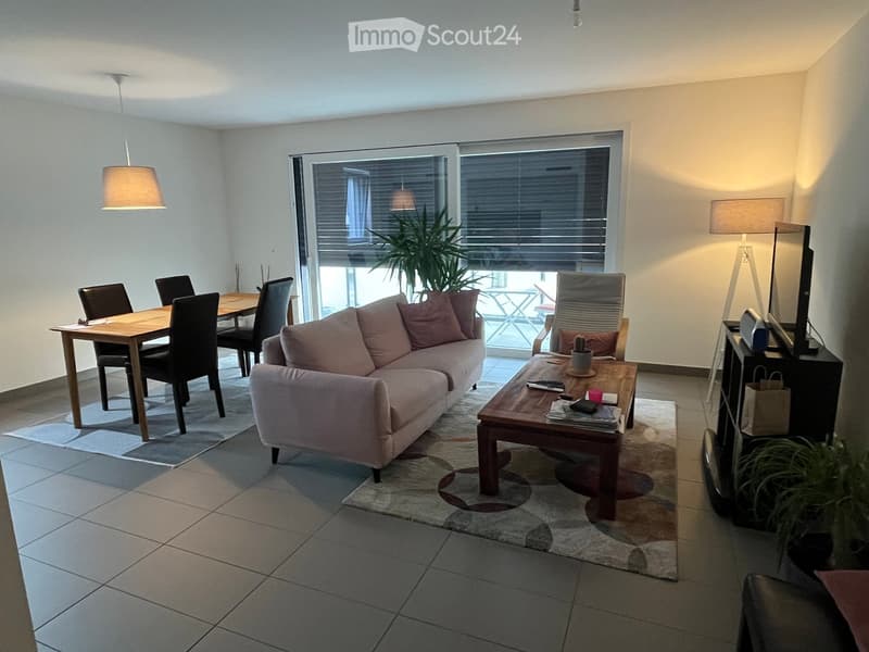 A modern living room with a pink sofa, wooden coffee table, dining area with chairs and table, and a television stand with a TV. The room features large windows with blinds and a plant near the window.