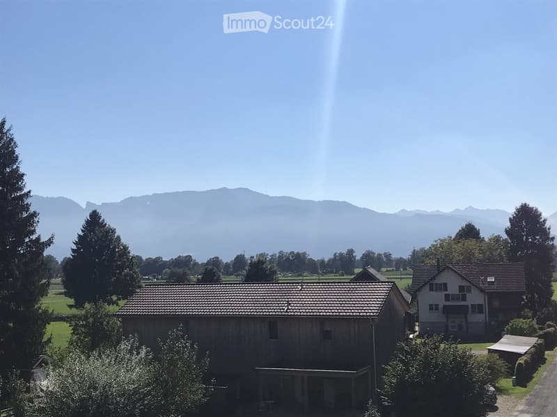 A rustic wooden house with a tiled roof, surrounded by trees and a scenic mountain backdrop.