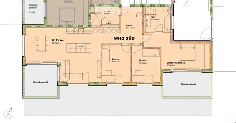 Floor plan of a residential unit labeled "WHG SÜD" with multiple rooms including a kitchen, living area, bedrooms, bathroom, and entrance.