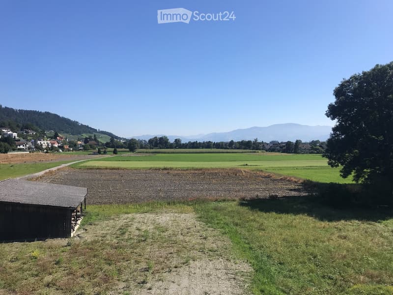 Rural landscape with fields, a wooden shed, and distant houses and mountains.