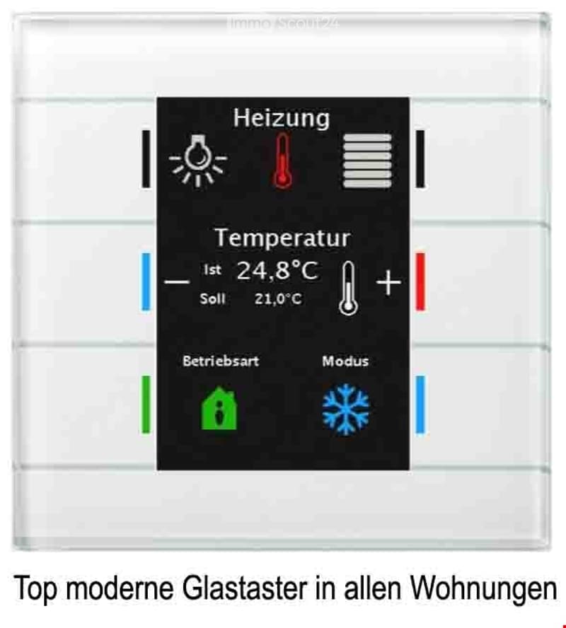 Modern glass switch panel displaying heating and temperature controls, with icons for light, temperature, and mode settings.