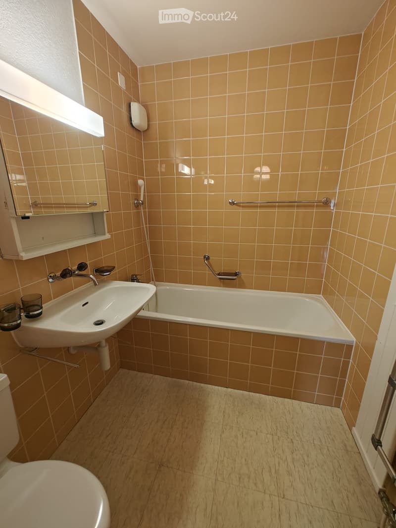 Bathroom with beige tiled walls, a bathtub, a sink with a mirror, and a toilet. Light wood flooring and a built-in shelf above the sink.