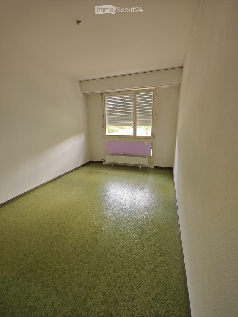 Empty room with light green carpet, white walls, and a window with blinds. A radiator is visible below the window.