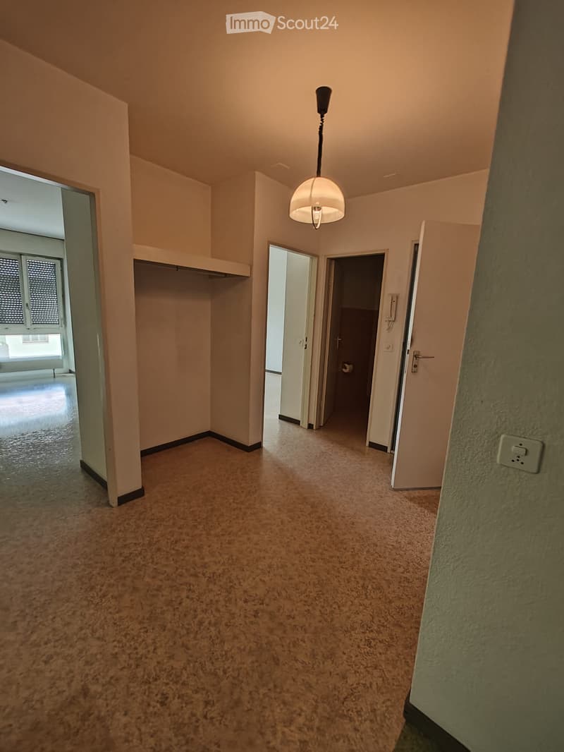 Empty hallway with beige walls, carpeted floor, and a hanging light fixture. Doors lead to other rooms, and a window is visible on the left side.
