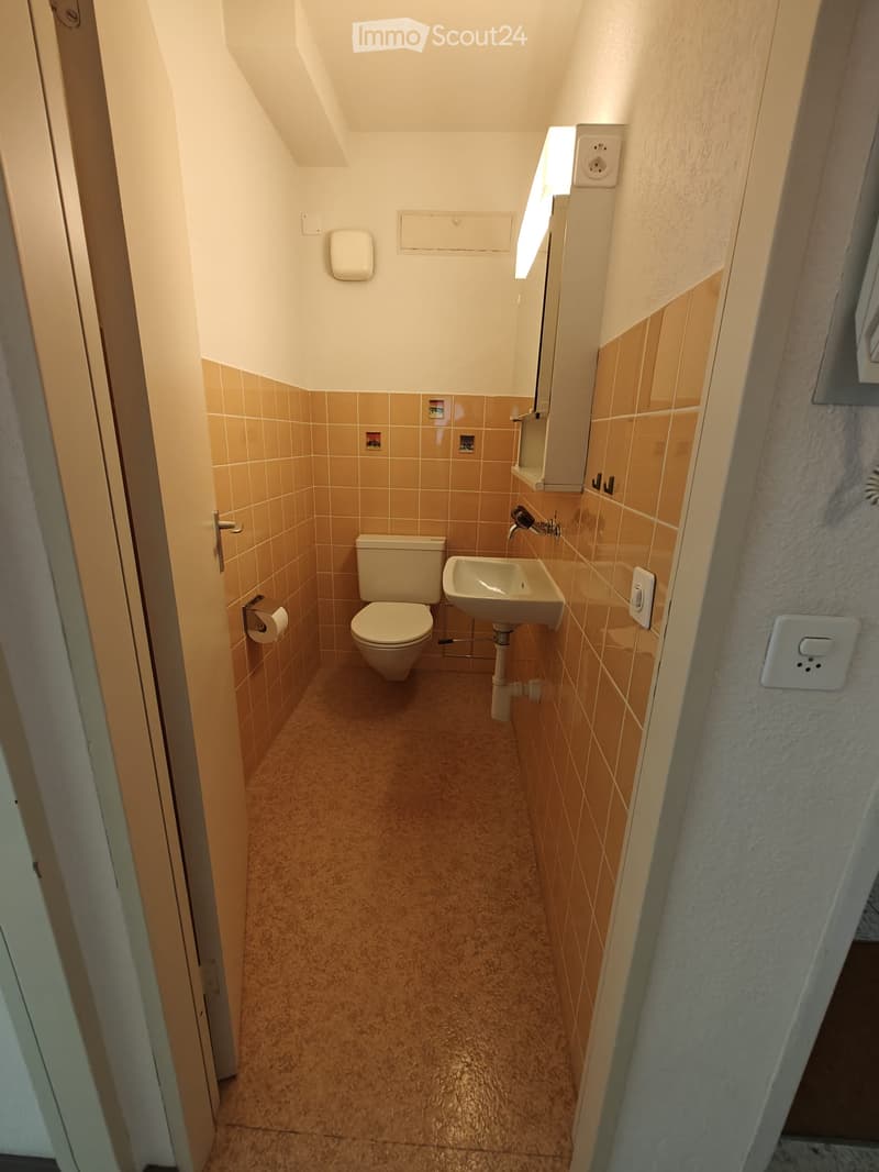 Compact bathroom with beige tiles, a toilet, a sink with a faucet, a mirror, and a toilet paper holder. The space is small and efficiently arranged.
