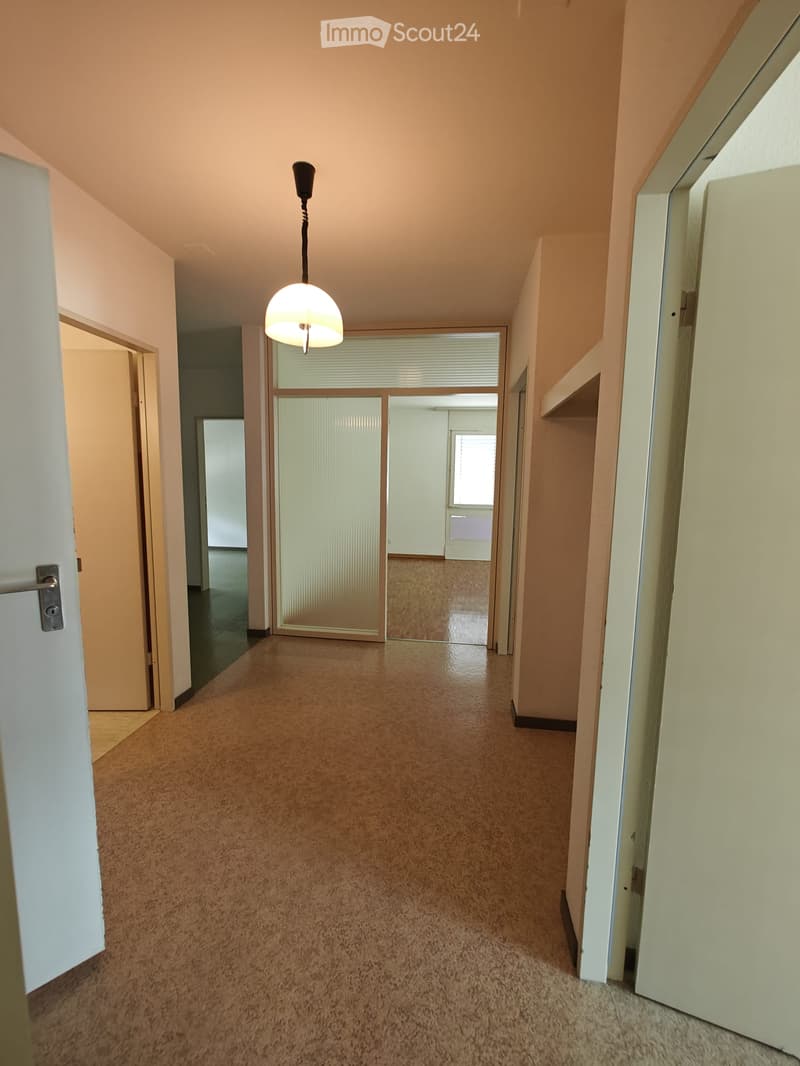 Empty hallway with beige walls, carpeted floor, and a single hanging light fixture. Doors lead to adjacent rooms.