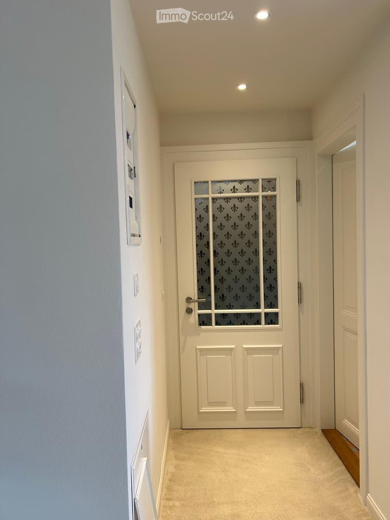 Clean, well-lit hallway with white walls, carpeted floor, and a central white door featuring a decorative glass panel with a fleur-de-lis pattern. The hallway has recessed ceiling lights and a partially visible adjacent room on the right.