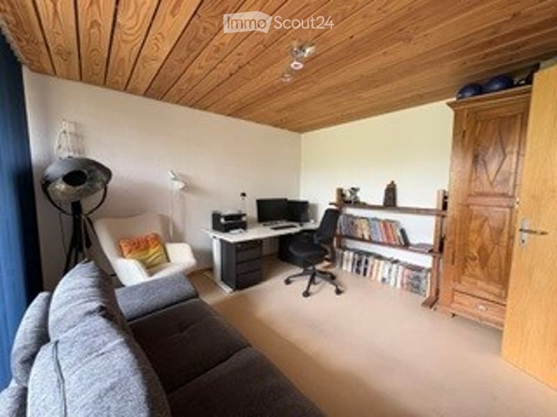 Bright, modern room with wooden ceiling, grey sofa, desk with computer, bookshelf, and wooden wardrobe.