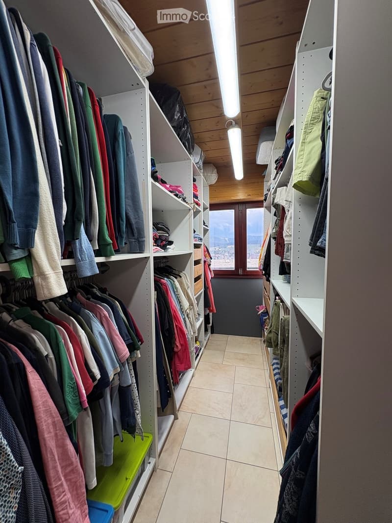 Well-lit hallway with built-in closet shelving filled with folded clothes and hanging garments, leading to a window with a scenic view.