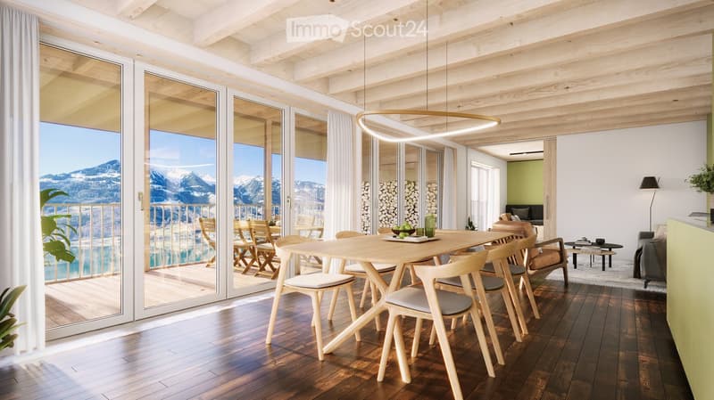 dining area with wooden table and chairs, large sliding doors, wooden ceiling, modern pendant light, balcony, large view