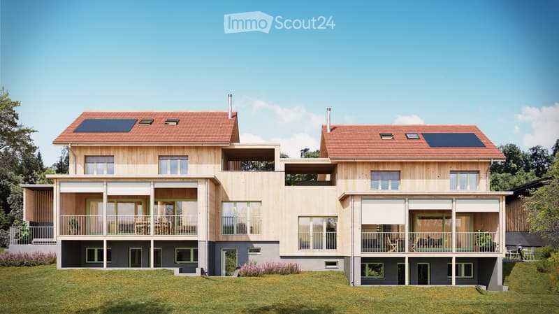 two story house, wooden exterior, raised ground floor, solar panels, balconies