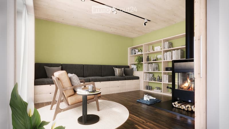fire place, green wall, couch with cushion, wood floor, chair, table, round rug, bookshelf