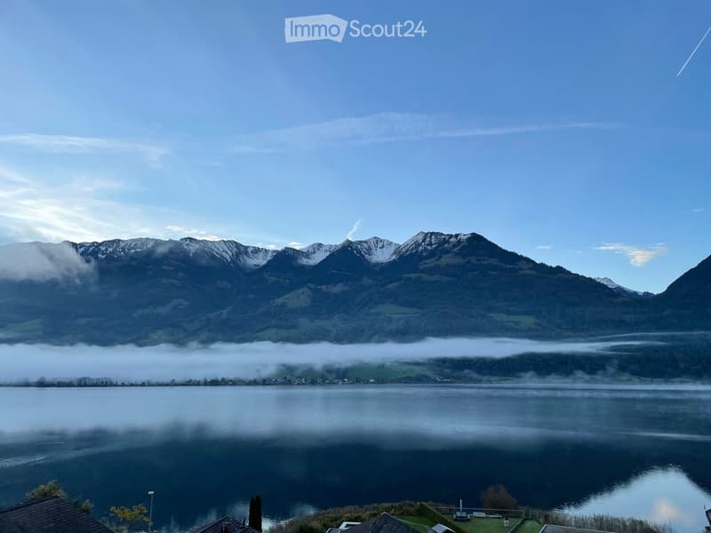 panoramic view of mountains and a lake with fog