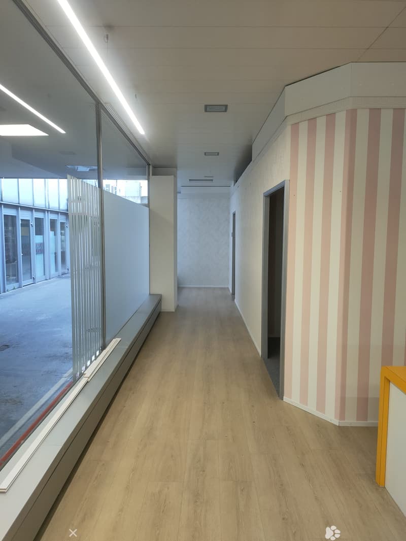 Modern hallway with wooden flooring, large windows on one side, and striped wall design on the other side.