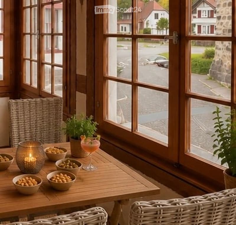 Brightly lit room with large windows, a wooden table set with bowls, a candle, and a glass of drink, accompanied by wicker chairs and potted plants.