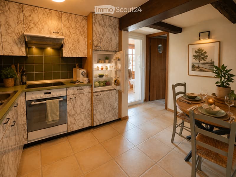 Modern kitchen with marble-patterned cabinets, stainless steel appliances, and a dining area with a table and chairs.