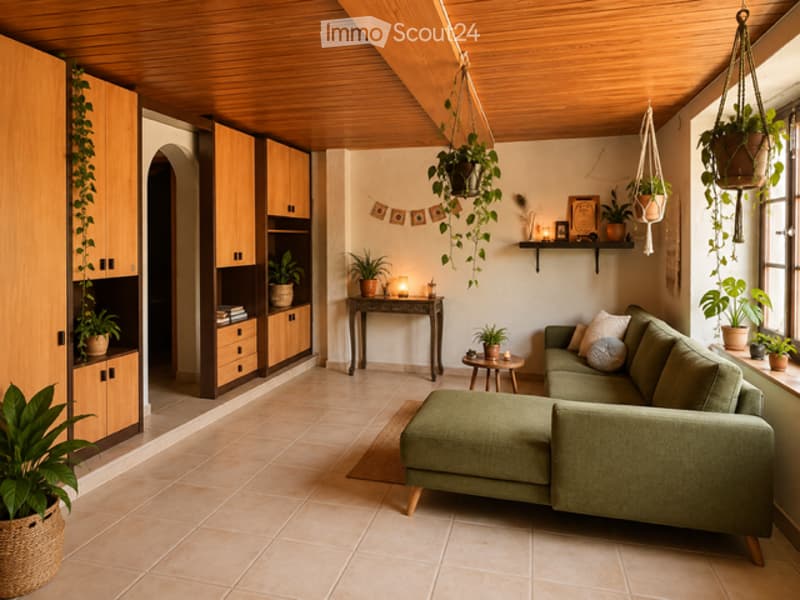 Modern living room with a green sectional sofa, ottoman, small coffee table, hanging plants, wooden cabinet, and decorative shelf with candles and books.