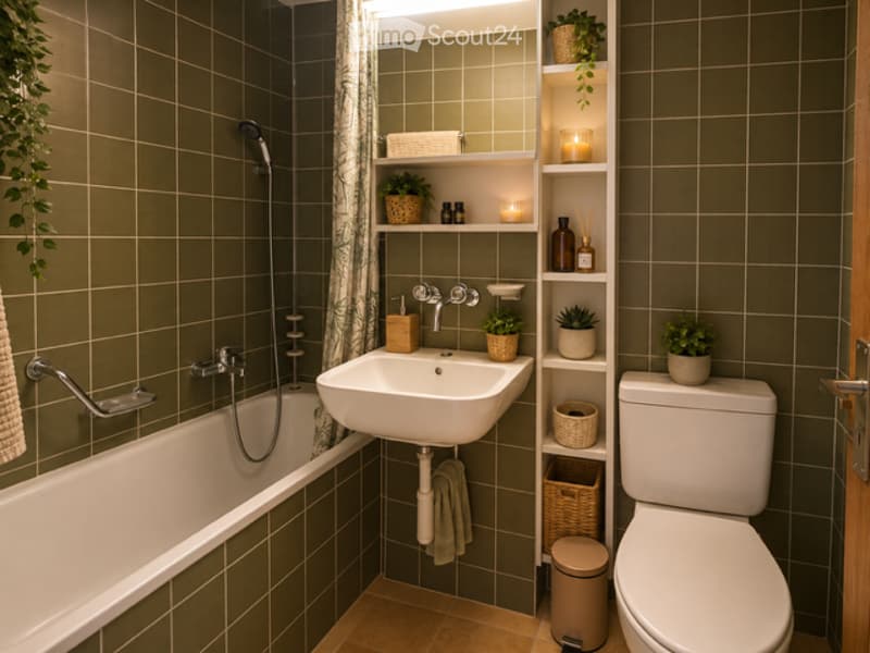 Modern bathroom with dark green tiled walls, a bathtub, a sink with a modern faucet, a toilet, shelves with plants and candles, and a wicker basket on the floor.