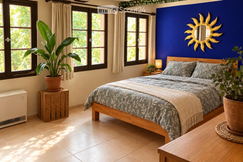 Cozy bedroom with a wooden bed, nightstand, lamp, and potted plants. Blue accent wall with a sun-shaped mirror.