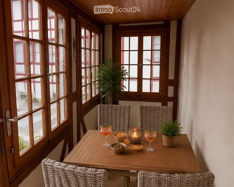 A cozy, well-lit room with wooden walls and ceiling, featuring a wooden dining table surrounded by wicker chairs. The table is set with drinks, candles, bowls, and small potted plants, creating a warm and inviting atmosphere.