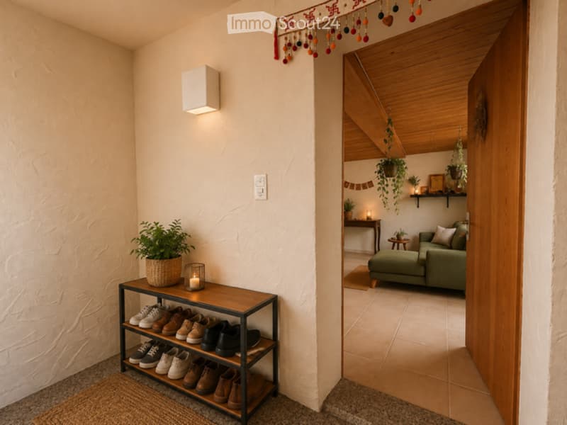 A modern hallway with a built-in shoe rack, a small table with a plant and candle, and an open doorway leading to a living room area with a green sofa and decorative plants.