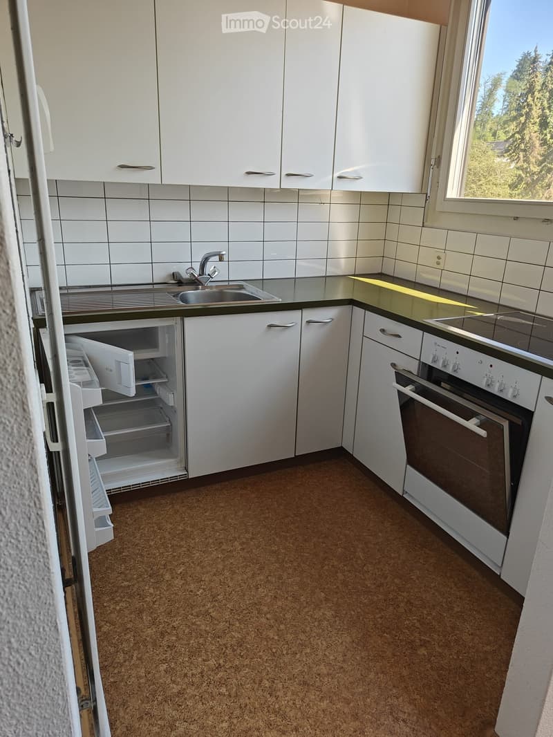 Modern kitchen with white cabinets, stainless steel sink, oven, and refrigerator. The space features tiled walls and a brown carpeted floor.