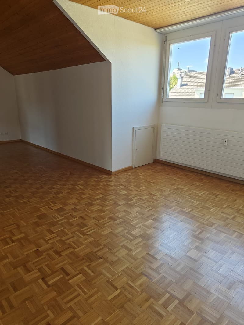 Empty room with wooden herringbone flooring, white walls, large windows, radiator, and a door.