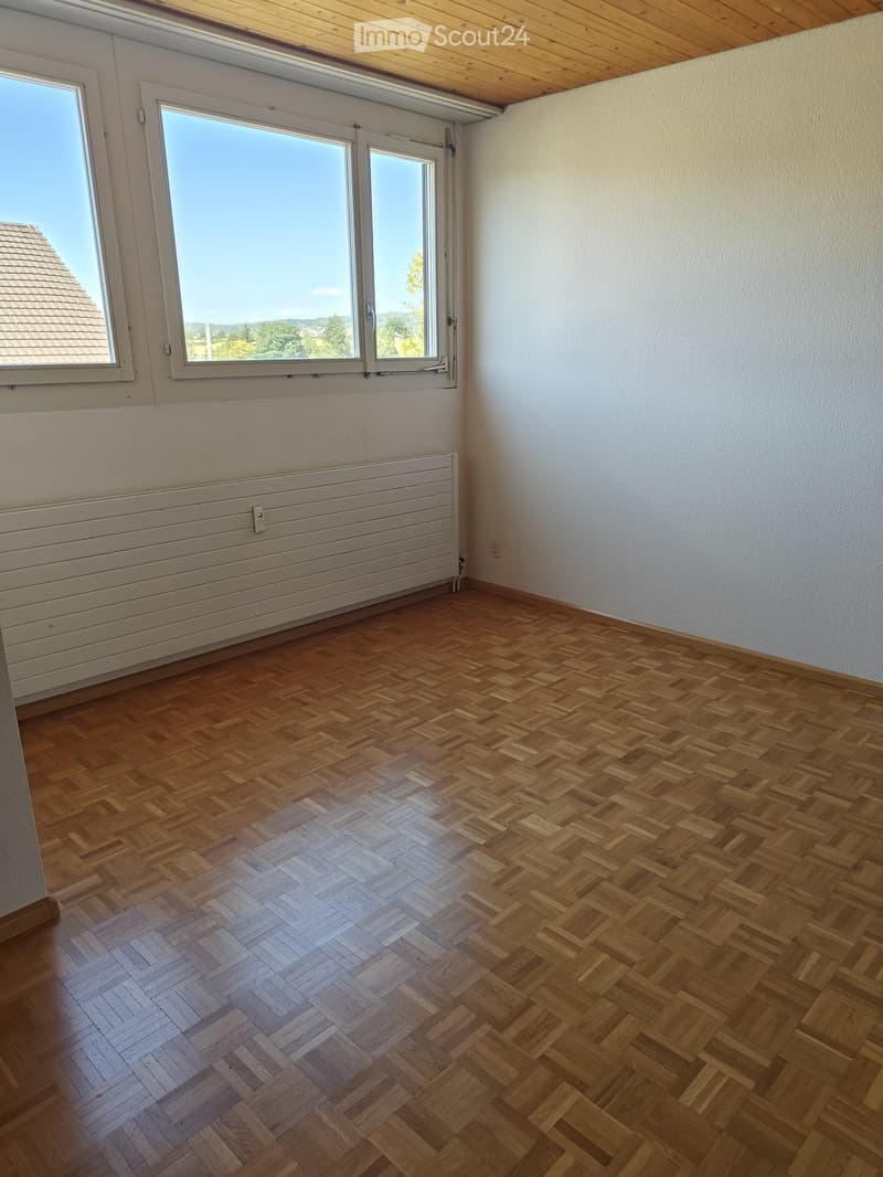 Empty room with wooden herringbone flooring, white walls, large windows, and a radiator under one window.