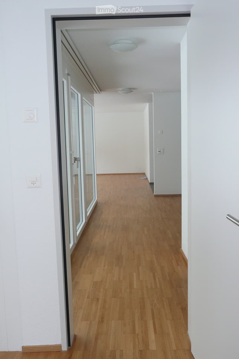 Clean, modern hallway with light wooden flooring, white walls, and recessed ceiling lighting. Features a glass door on one side and electrical outlets on the walls.