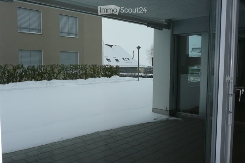 Balcony with snow-covered ground, glass sliding door, and view of a building with snow-covered roof and surrounding greenery.