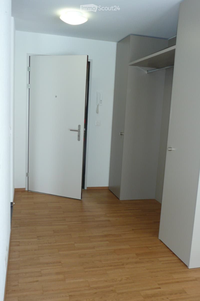 Empty hallway with wooden flooring, white walls, and a closed white door on the left. A built-in closet with sliding doors is visible on the right.