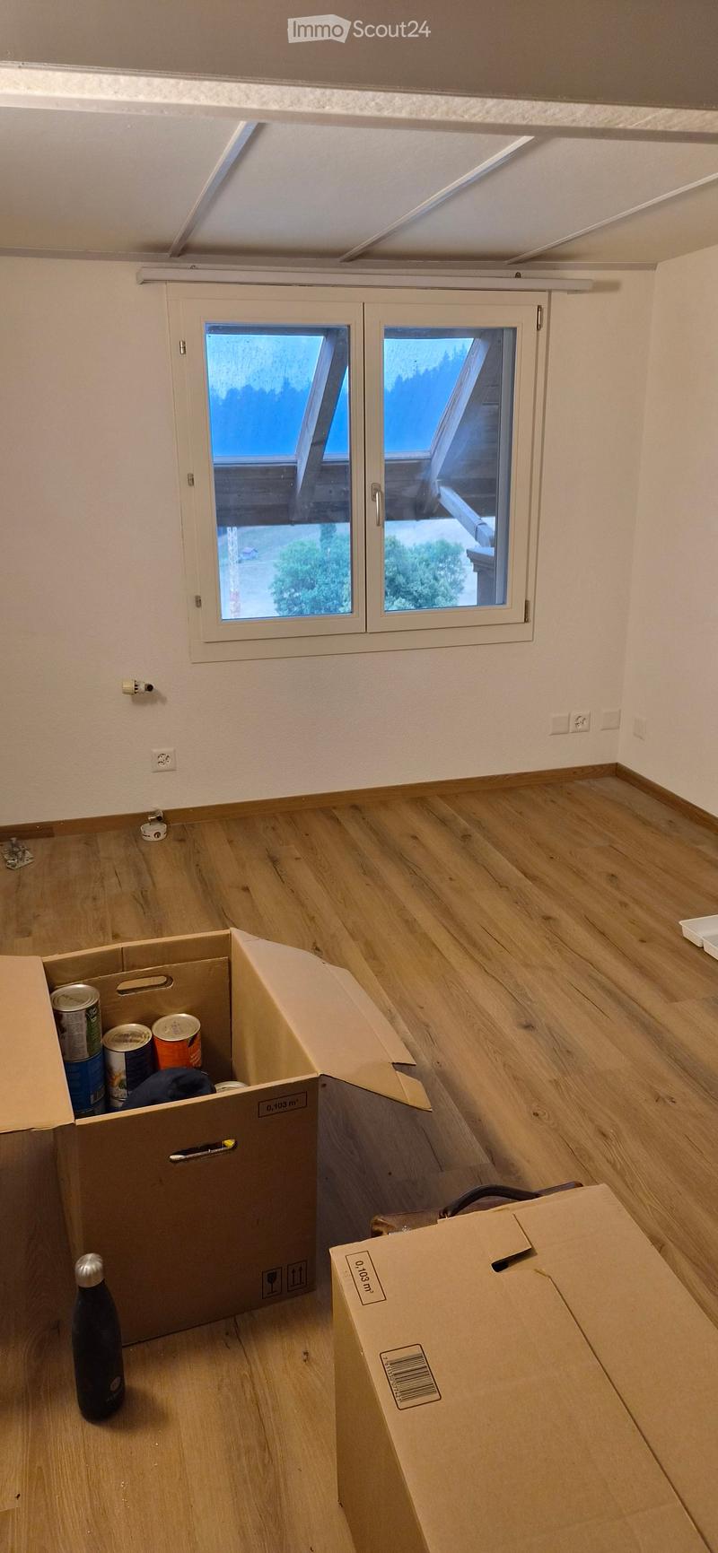 Empty room with wooden flooring, white walls, and a large window with a view of the outdoors. Several cardboard boxes and a water bottle are present.