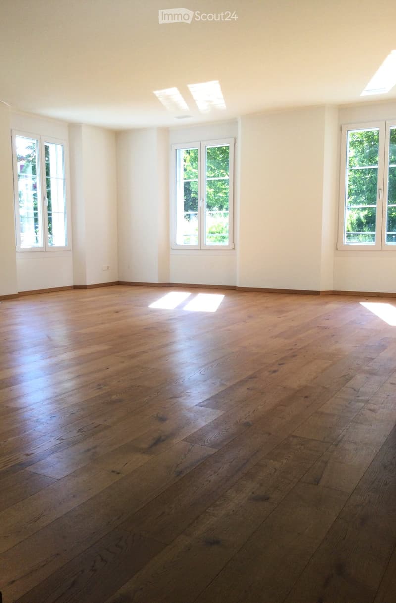 Empty room with wooden flooring, large windows, and skylights allowing natural light to fill the space.