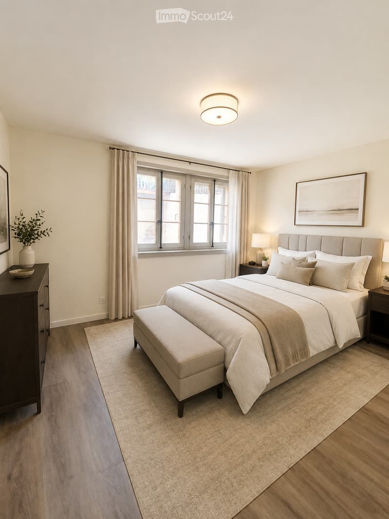 Elegant bedroom with a large bed, bench at the foot, nightstands, dresser, and artwork on the walls.