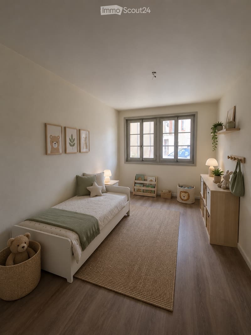 Cozy children's bedroom with a single bed, nightstand, bookshelf, and decorative items. Features a large window, wooden flooring, and a woven basket with a teddy bear.
