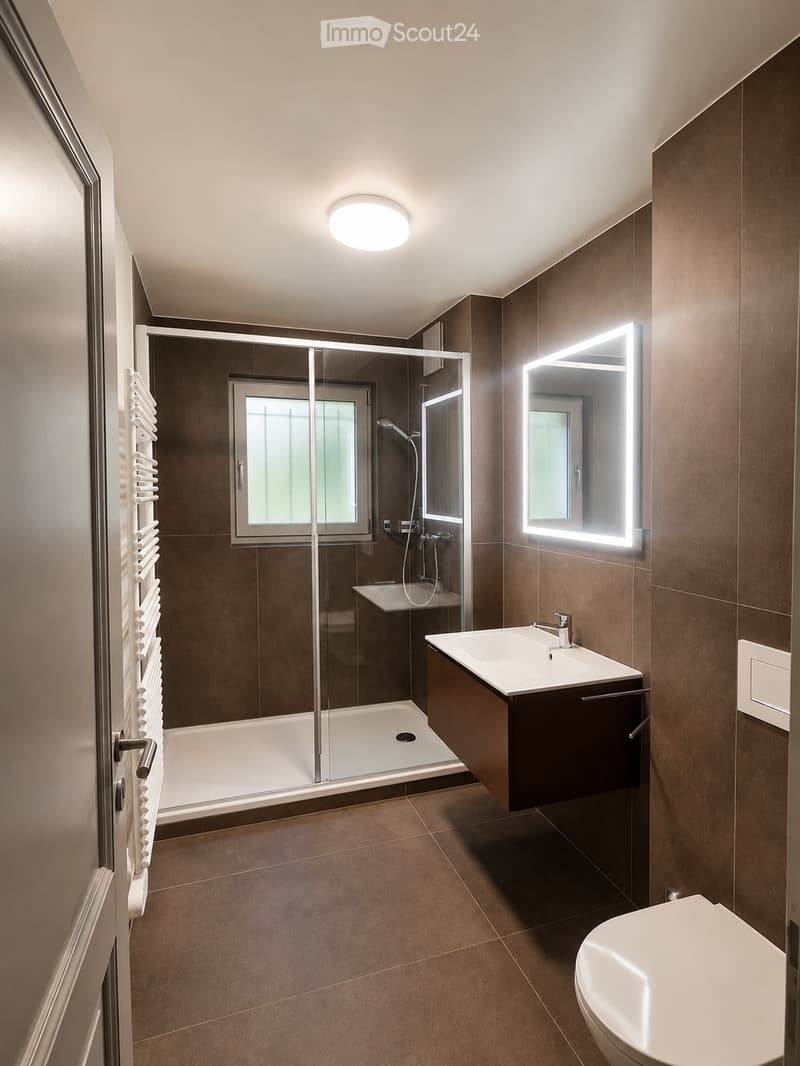 Modern bathroom with dark brown tiles, a glass-enclosed shower, a white sink with a dark wooden cabinet, a toilet, and a towel rack with white towels.