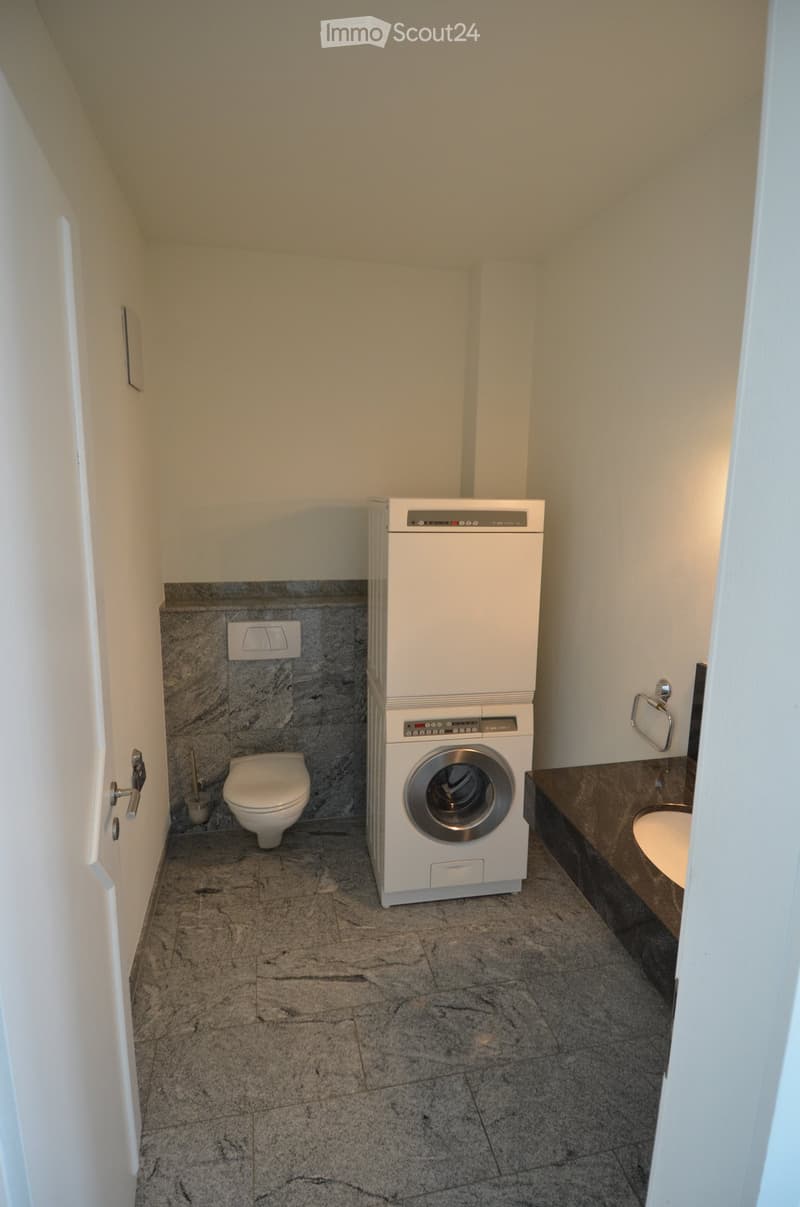 Compact bathroom with a toilet, washing machine, and sink, featuring marble tiles on the floor and walls.