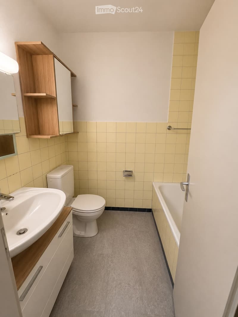 Modern bathroom with a sink, toilet, bathtub, wooden cabinet, and mirror. Light yellow tiles on walls and grey carpeted floor.
