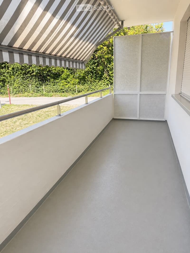 Balcony with white walls, grey floor, metal railing, and retractable awning providing shade.