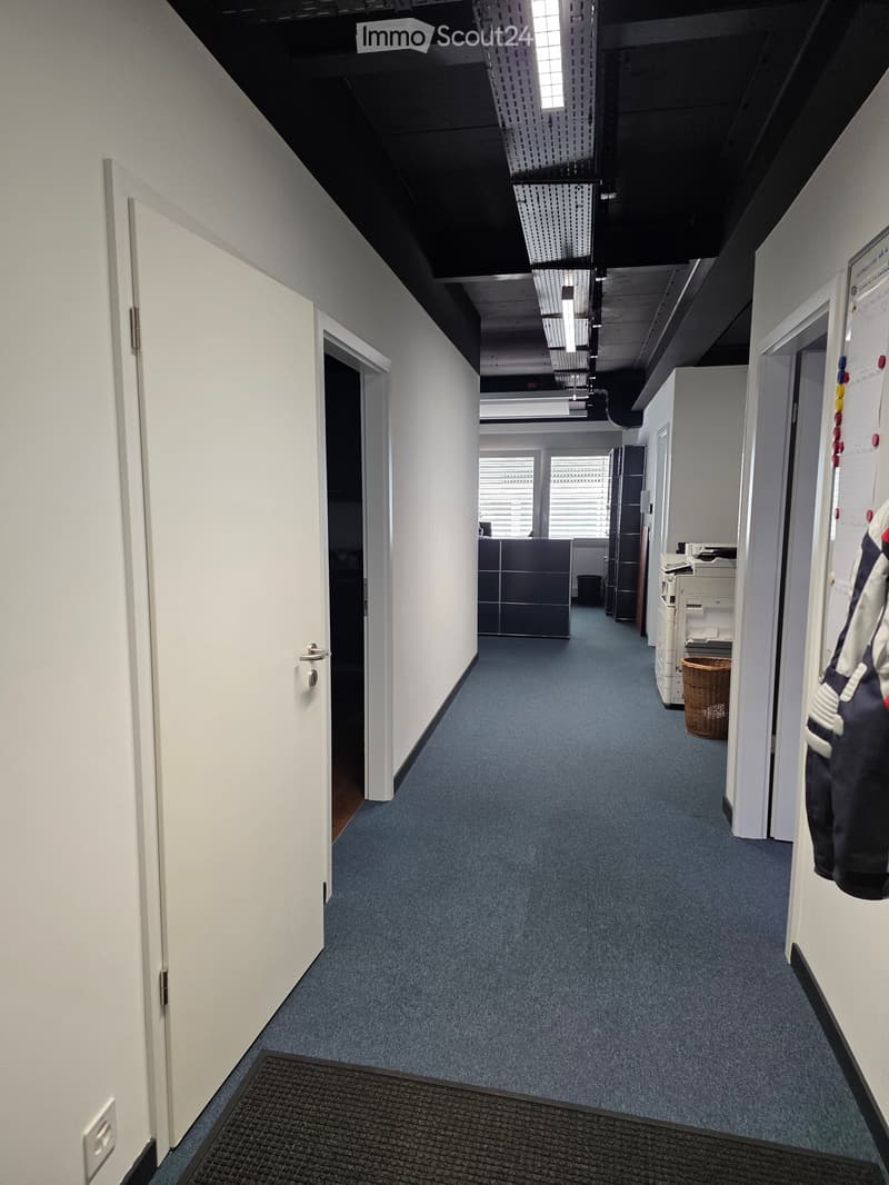 Office corridor with blue carpet, white walls, doors, and visible office equipment in the background.