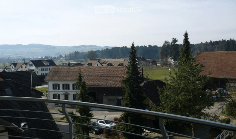 View from a balcony showing a residential area with houses, trees, and a distant landscape.