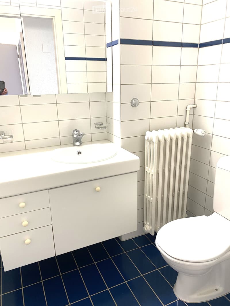 bathroom with sink, white cabinets, blue tiles, radiator, toilet
