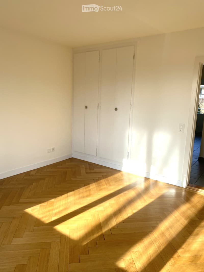 Empty room, wooden floor, white walls, large wardrobe