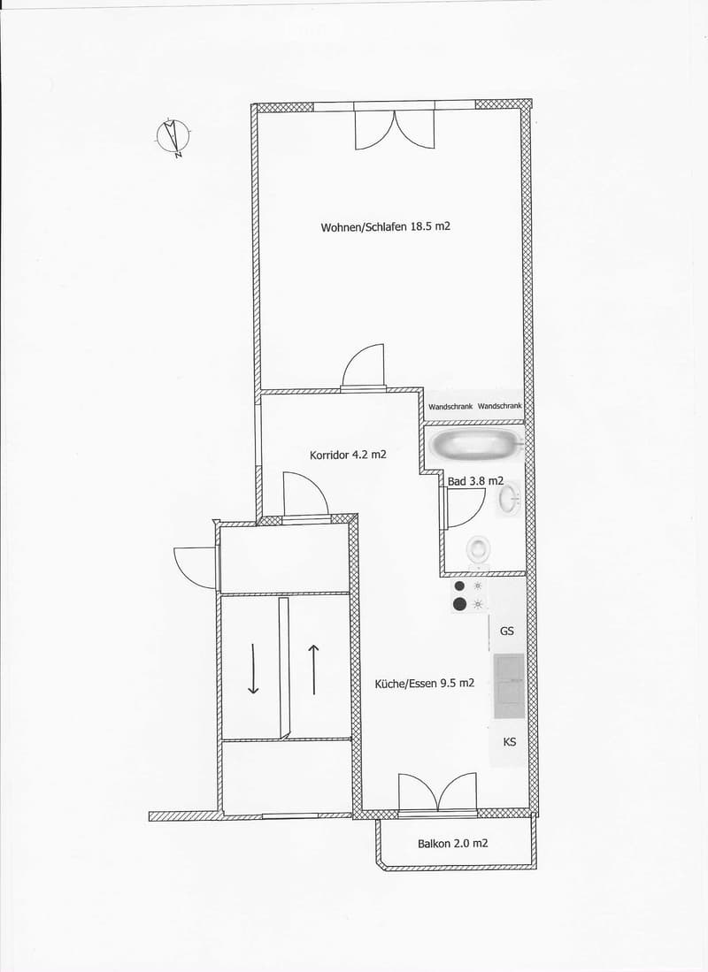 Floor plan of a compact apartment featuring a living/sleeping area (18.5 m2), kitchen/dining area (9.5 m2), bathroom (3.8 m2), hallway (4.2 m2), and balcony (2.0 m2).