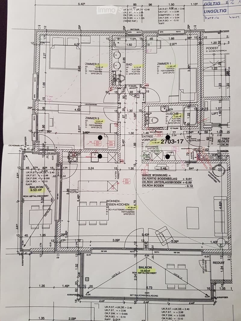 Floor plan of a residential unit showing three bedrooms, a bathroom, a kitchen-dining area, a balcony, and an entrance area.
