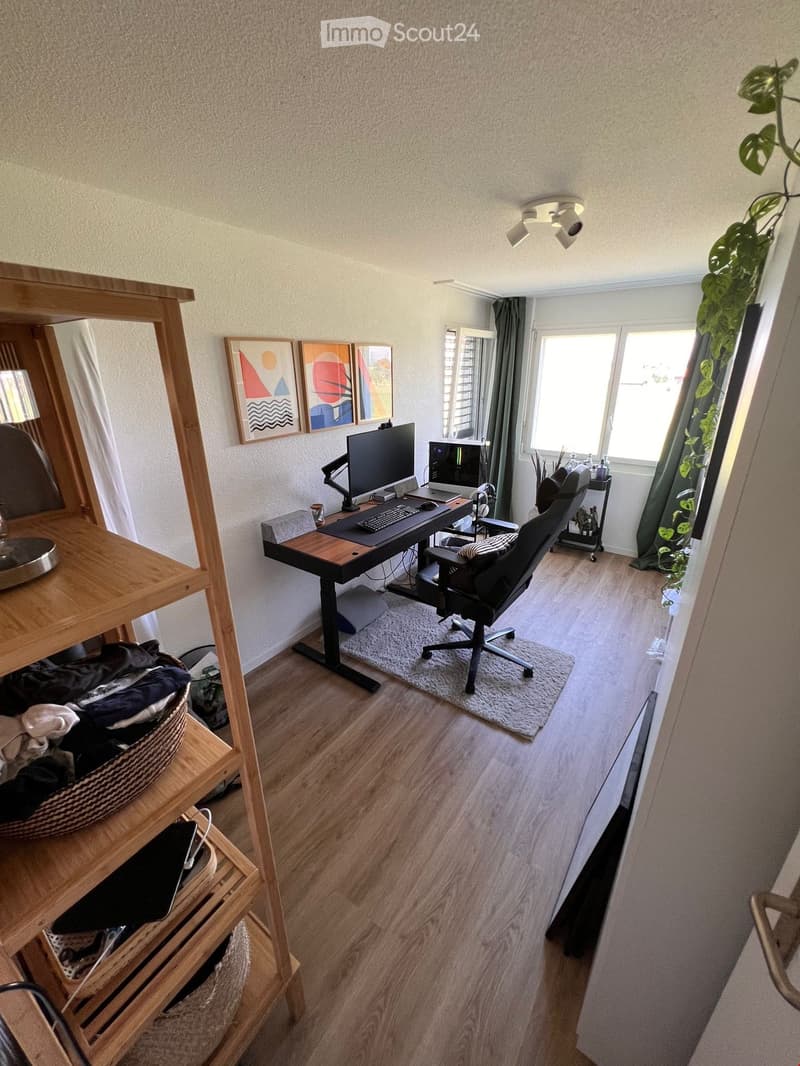 A modern, well-lit room with a wooden desk, ergonomic chair, computer setup, and a wooden shelf with baskets and a mirror. The room features large windows with curtains and a small plant on the windowsill.