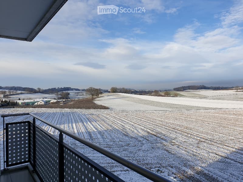 Balcony overlooking a snowy landscape with fields, trees, and distant buildings under a partly cloudy sky.