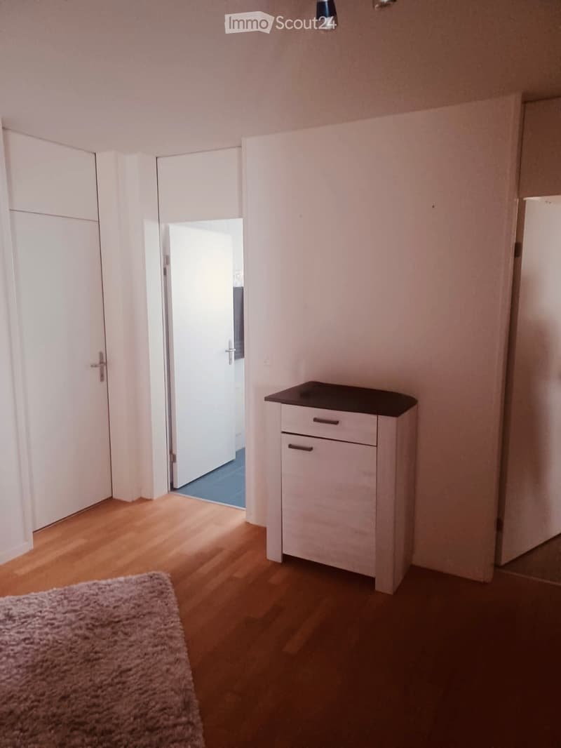 A small, unfurnished hallway with wooden flooring, a white cabinet, and a grey rug. An open door leads to another room with blue flooring.